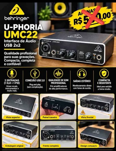 Placa/interface de áudio Behringer U-PHORIA UMC22