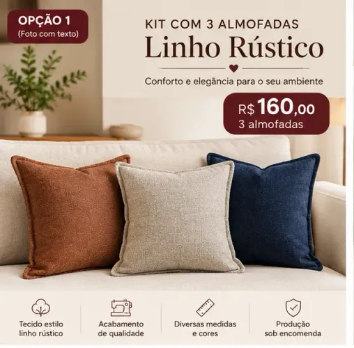 Kit 3 Almofadas em Linho Rústico - R$160 | Sob Medida