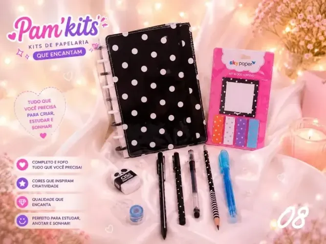 Kit De Papelaria Fofa Presente 9 Itens Poá Preto E Branco