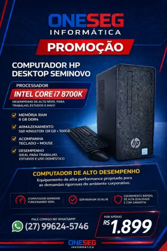 COMPUTADOR HP PRO. CORE I7 8700K, 8° Geração. 8Gb de Memória, SSD 128 GB. + 500GB  