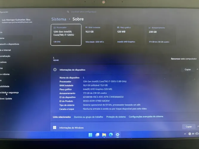 Notebook I7 12 Geração 16gb RAM 256gb SSD