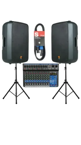 Kit 2 CAIXAS STANER SR-110A + Tripe + Mesa de Som + Cabo