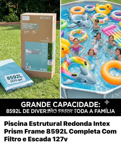 Piscina 8592 litros redonda com estrutura escada e bomba