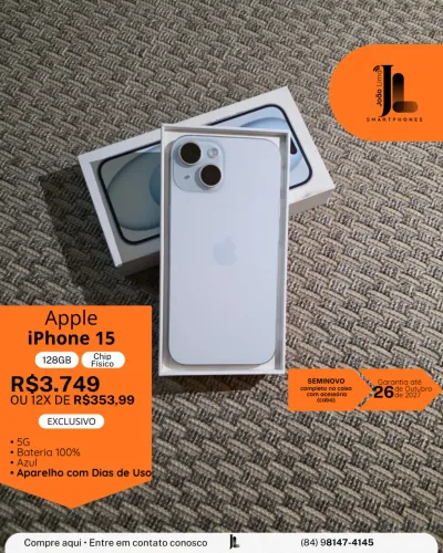 IPHONE 15 , 5G, 128GB, CHIP FÍSICO, SEMINOVO, NA GARANTIA, AZUL, EXCLUSIVO!