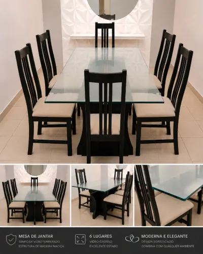Mesa de Jantar 6 Lugares + 6 Cadeiras - Vidro Temperado