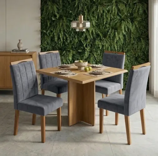 Conjunto de Jantar Solaris 4 Lugares Imbuia Mel com Cadeiras Veludo Grafite