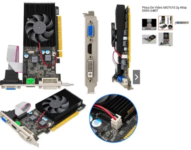 Placa de Vídeo GPU NVIDIA GT610 2g 48sp DDR3 64BIT