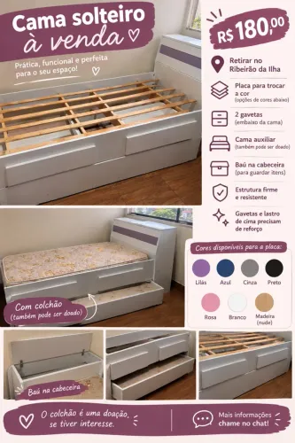 Vende-se Cama solteiro com baú e cama auxiliar 