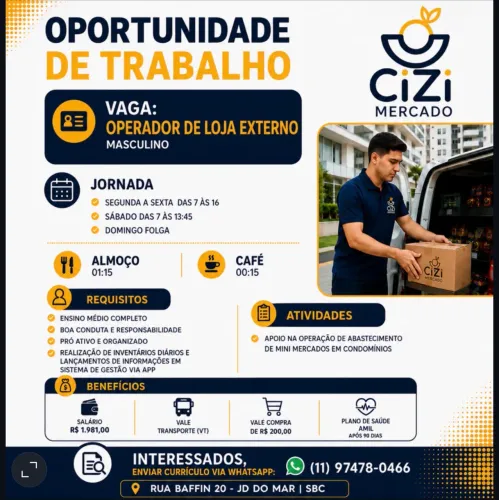 VAGA OPERADOR LOJA EXTERNO | CIZI MERCADO