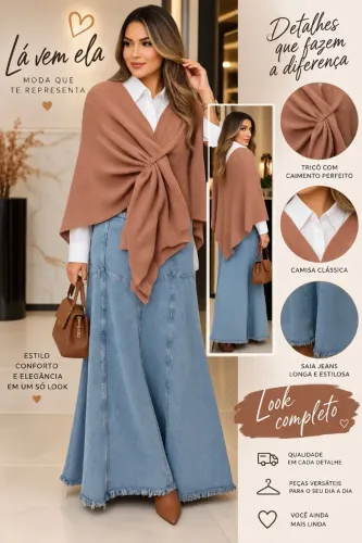 Poncho tricô e saia jeans longa