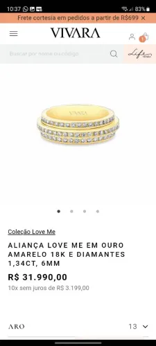 Aliança tamanho 13 Love Me Vivara em Ouro Amarelo 18k e Diamantes