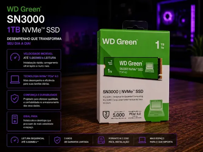SSD WD Green SN3000 1TB - PCIe 4.0 + 5000MB/s