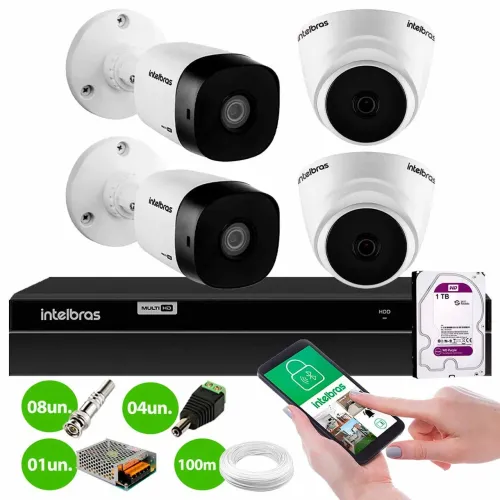 Kit 4 câmeras FHD Intelbras instalado + APP de monitoramento no celular 