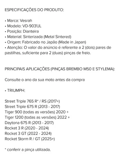 Pastilhas de freio japonesa sinterizada Street triple 765 RS