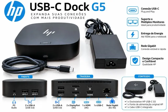 Dock Station HP USB-C G5 Original + Fonte HP 120W | Completa