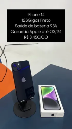 iPhone 14 128GB Preto Saúde de bateria 93% Garantia Apple 03-25 R$ 3.450,00 | Loja Fisica