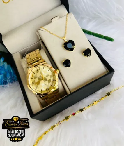 Conjunto relógio comum feminino acompanha colar e par de brincos elegance