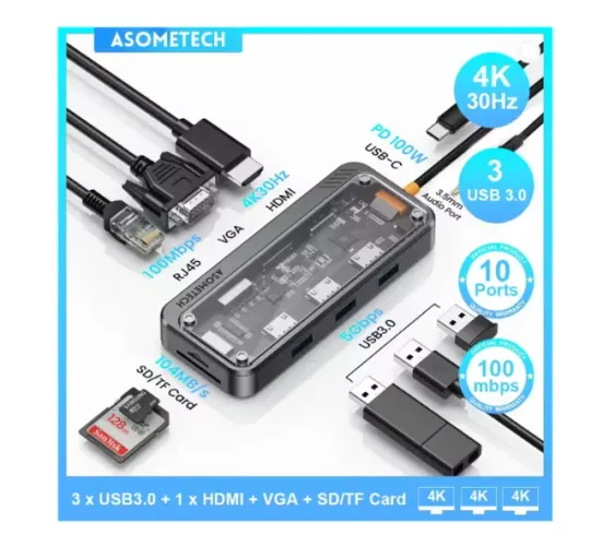 Hub tipo C 10 em 1 Asometech hdmi 4k usb 3.0