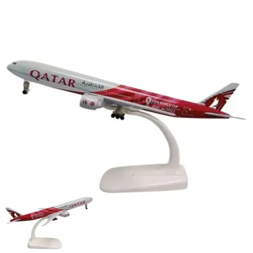 Miniatura De Avião Boeing 777 Qatar Airlines World Cup 2022 Com Suporte e Rodas - 20cm