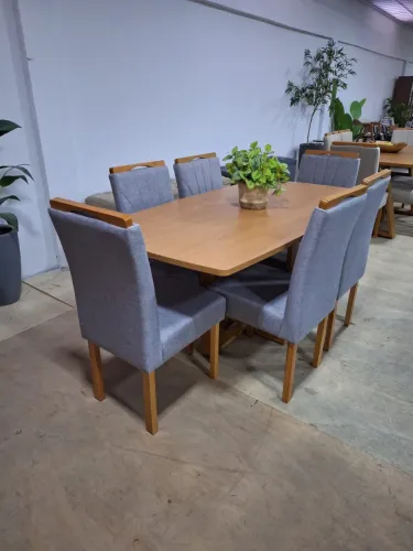 MESA DE JANTAR PEDRO TAMPO AMADEIRADO COM 6 CADEIRAS - MEDIDAS 160x90