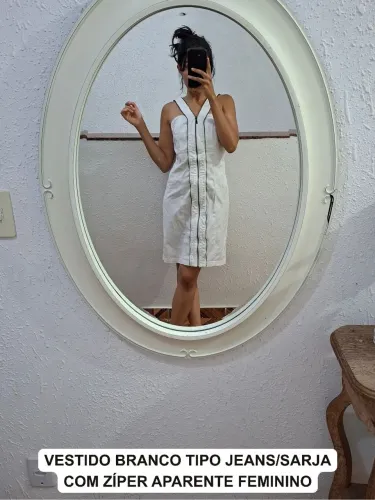 Vestido Branco Tipo Jeans/Sarja com Zíper Aparente Feminino