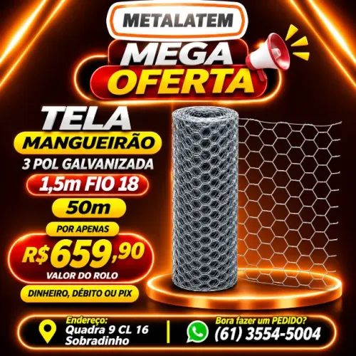 TELA MANGUEIRÃO GALVANIZADA 3 POLEGADAS FIO 18 - 1,50M X 50 METROS