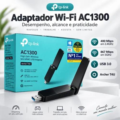 Adaptador Wi-Fi USB TP-Link Archer T4U AC1300 Dual Band com caixa