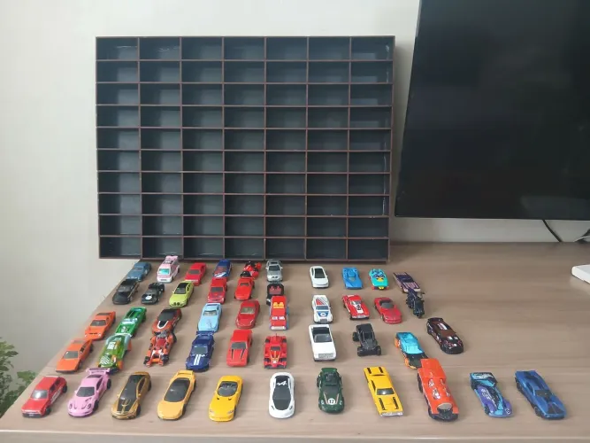 Carrinhos hotwheels[47 e um de 100R$] incluindo uma prateleira para guarda-los.