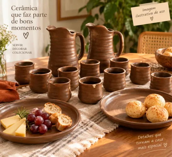 Conjunto Vintage Cerâmica Marrom - 15 Peças: 2 Jarras + 11 Copos + 2 Pratos
