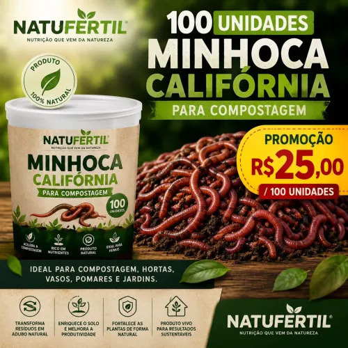 Minhoca Califórnia 100 Unidades Para Compostagem Natufértil