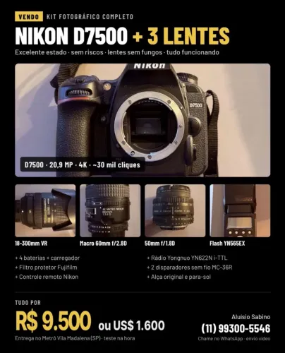 Kit Nikon D7500 + 3 Lentes (18?300 VR, Macro 60mm, 50mm 1.8) + Flash e Acessórios