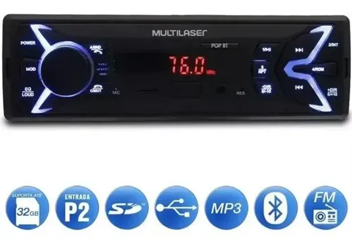  Auto Rádio Mp3 Pop Bluetooth 1 Din Usb Sd P3336 - Multilaser
