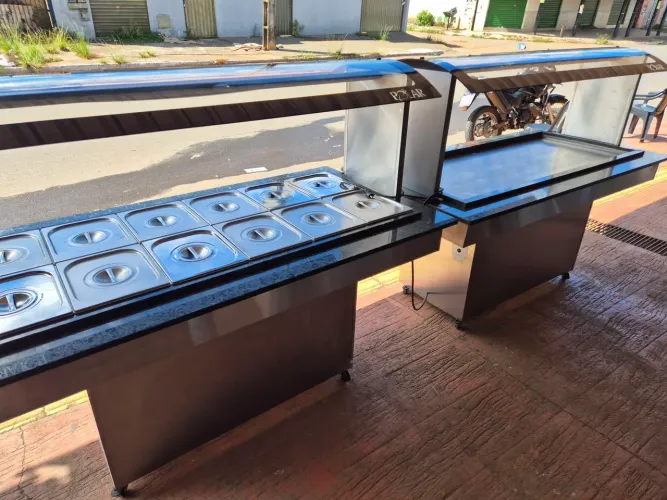 Buffet mesa termica em granito com 12 cubas quente e pista fria