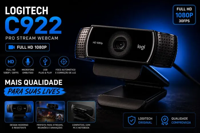 Webcam Logitech C922 Full HD 1080p para Stream / Reuniões