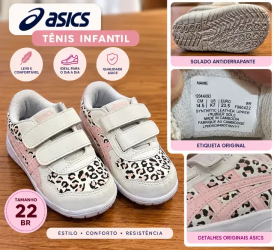 Tênis ASICS Infantil Branco e Rosa Animal Print - Velcro - 14,5 cm