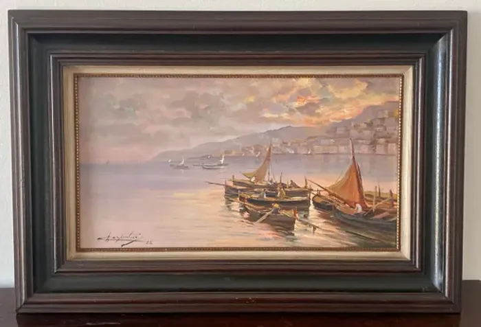 Quadro paisagem do Porto de Nápoli na Itália - Carpentieri (1985) - óleo sobre tela