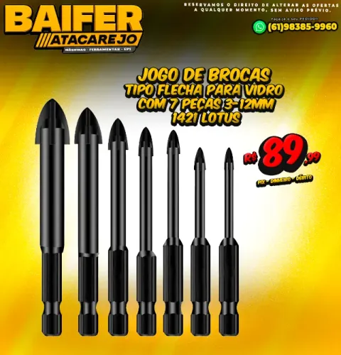Jogo de Brocas Tipo Flecha Para Vidro Com 7 Peças 3-12mm 1421 Lotus