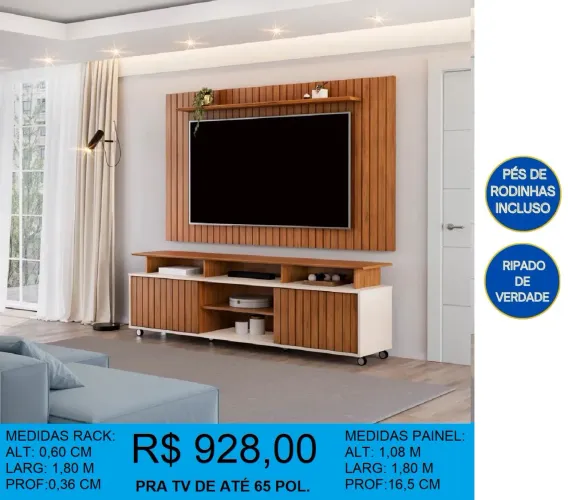 Painel + Rack Ripado com pés de rodinha -Entrega e Montagem -Grátis