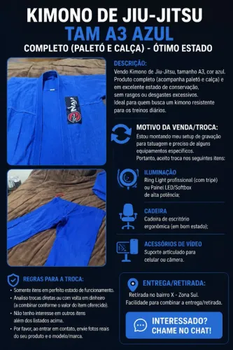 Kimono de Jiu-Jitsu Tam A3 Azul - Completo (Paletó e Calça) - Ótimo Estado