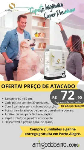 Tapete Higiênico Sanithy Prime 60x80 c/ 30 unidades R$2,43 por tapete.