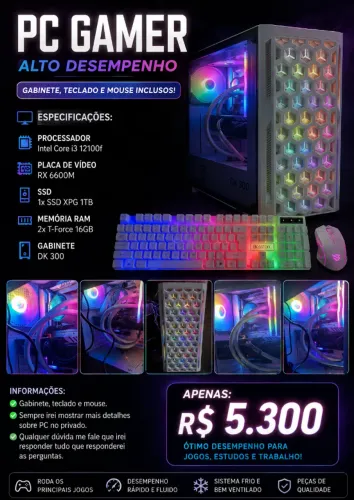 PC Gamer i3-12100F + RX 6600M + 16GB + SSD 1TB