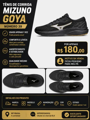 Tênis Mizuno Goya Preto nº 39 - Usado Apenas 1 Vez