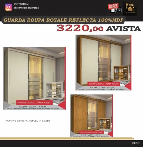 GUARDA ROUPA ROAYLE VIDRO REFLECTA MDF