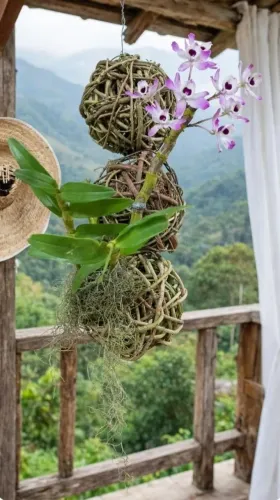 Esferas d cipó com orquídeas