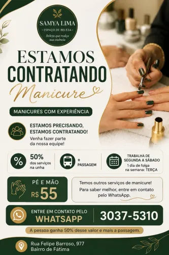 ? VAGA PARA MANICURE ? ESTAMOS CONTRATANDO!