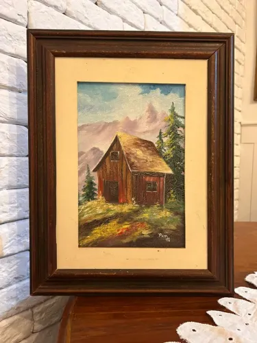 Quadro Antigo (1985) Paisagem com Cabana e Montanhas - Pintura Óleo Assinada com Paspatur