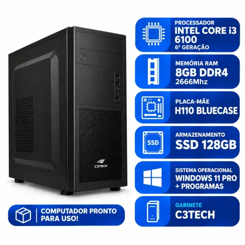 Gabinete Core I3 6ª Geração/ 8GB Ram Ddr4 / Ssd 128GB
