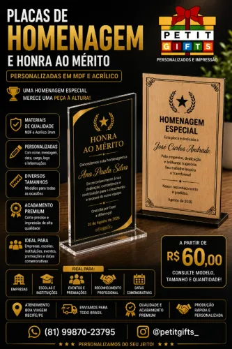 Placa de Homenagem Personalizada | Honra ao Mérito | MDF e Acrílico