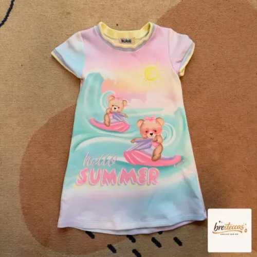 Vestido Infantil "Hello Summer" Ursinhas Surfistas - Kukiê (Tamanho 4 Anos)