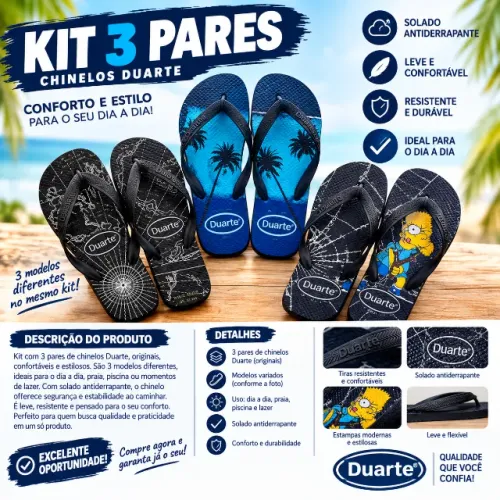 Kit 3 Pares de Chinelo Masculino Adulto